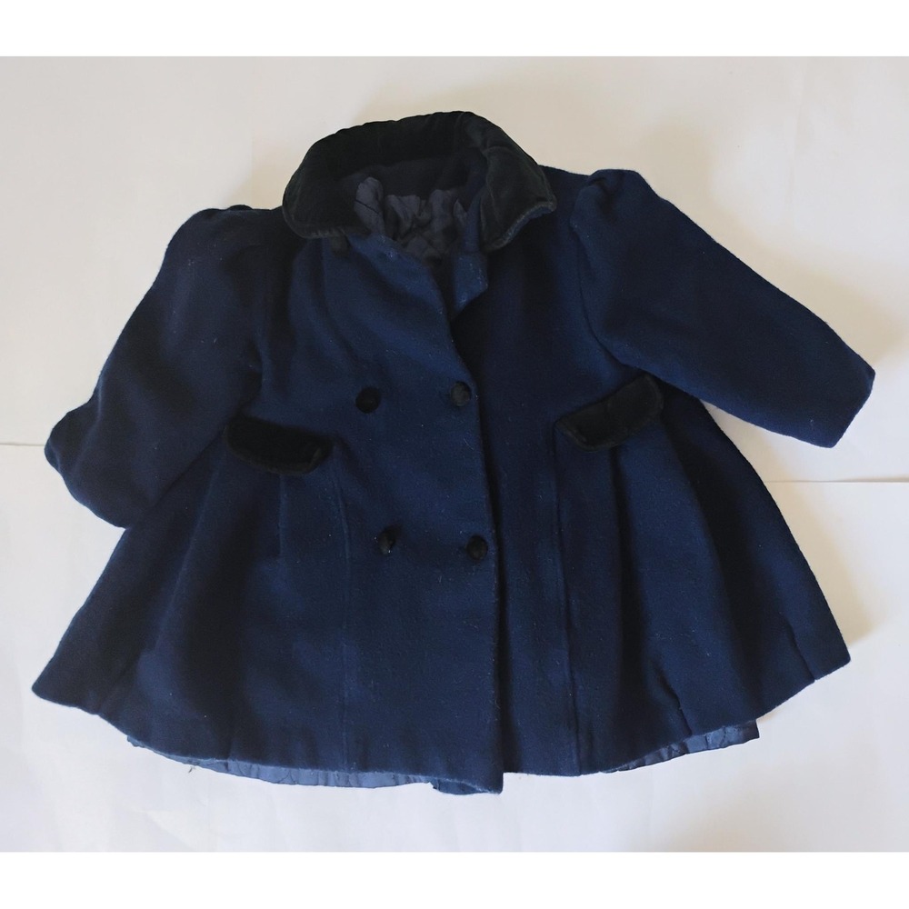 Freeway Fashions Pea Coat Kids Toddler Navy Blue Velvet Trim Vintage Bow Back